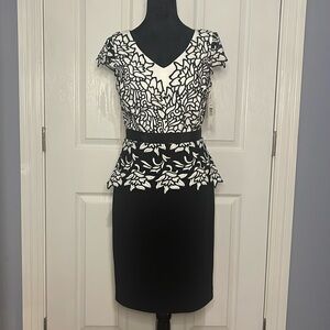 NWT Antonio Melani Women's Ivory Black Embroidered Peplum Sheath Dress- Sz 4